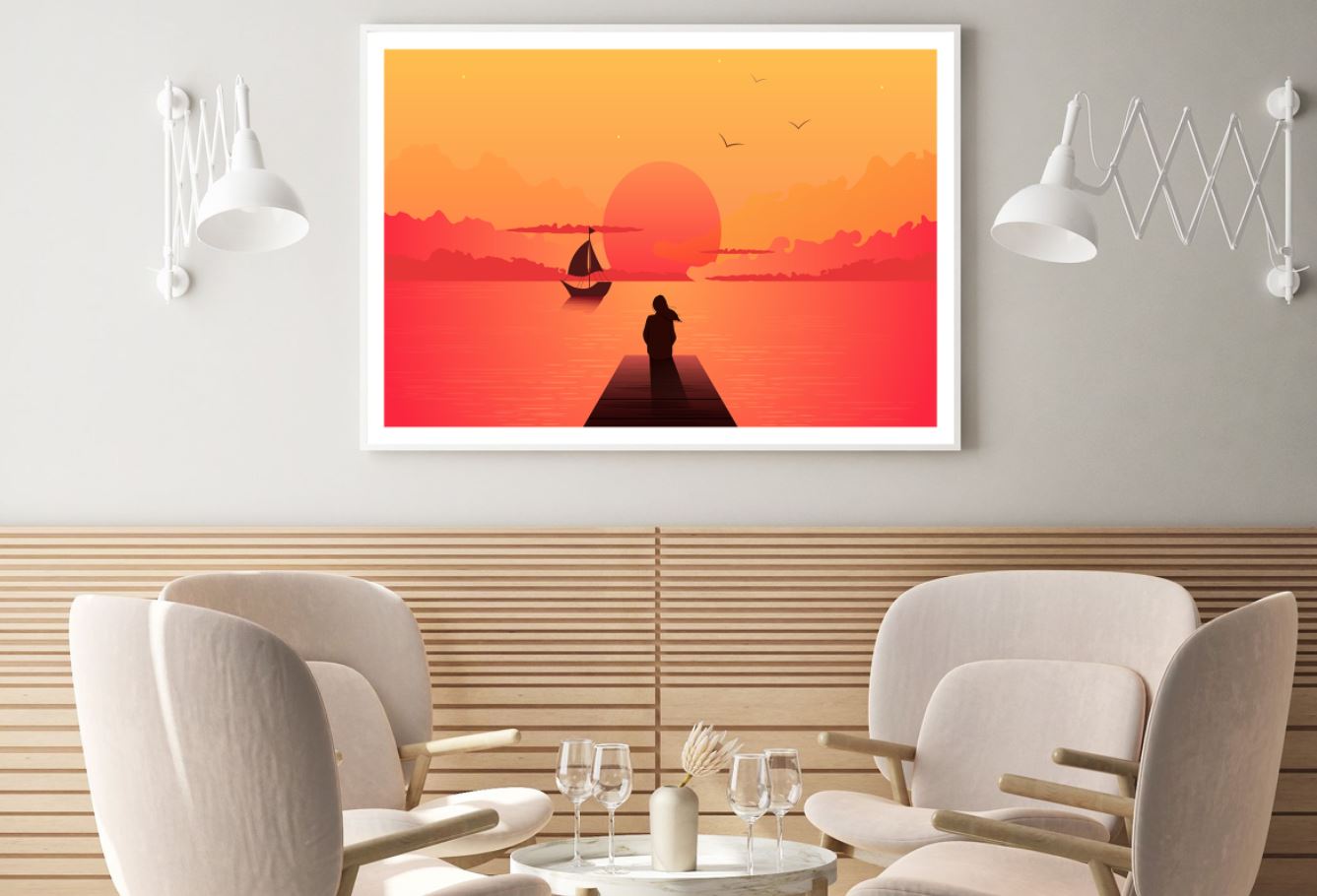 Girl On Wooden Pier & Boat Vector Home Decor Premium Quality Poster Print Choose Your Sizes