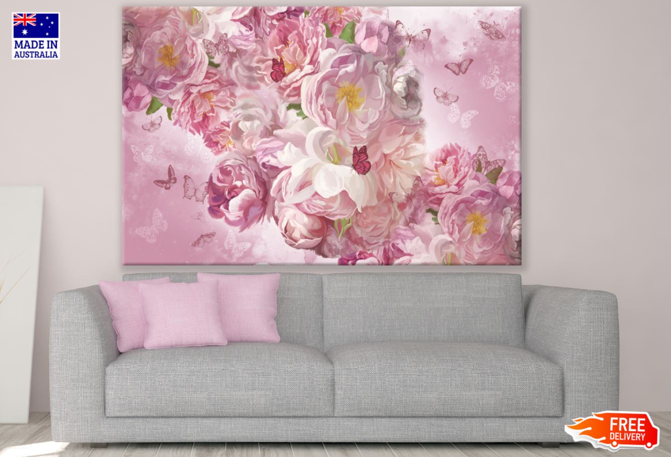 Pink Peonis & Butterflies Paint Print 100% Australian Made