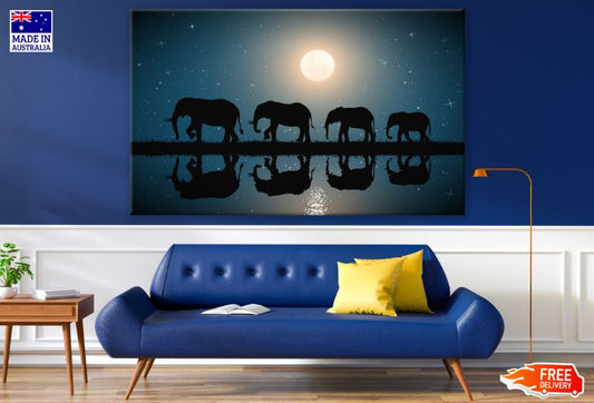 Elephant Walking Near Lake at Night Scenery Print 100% Australian Made