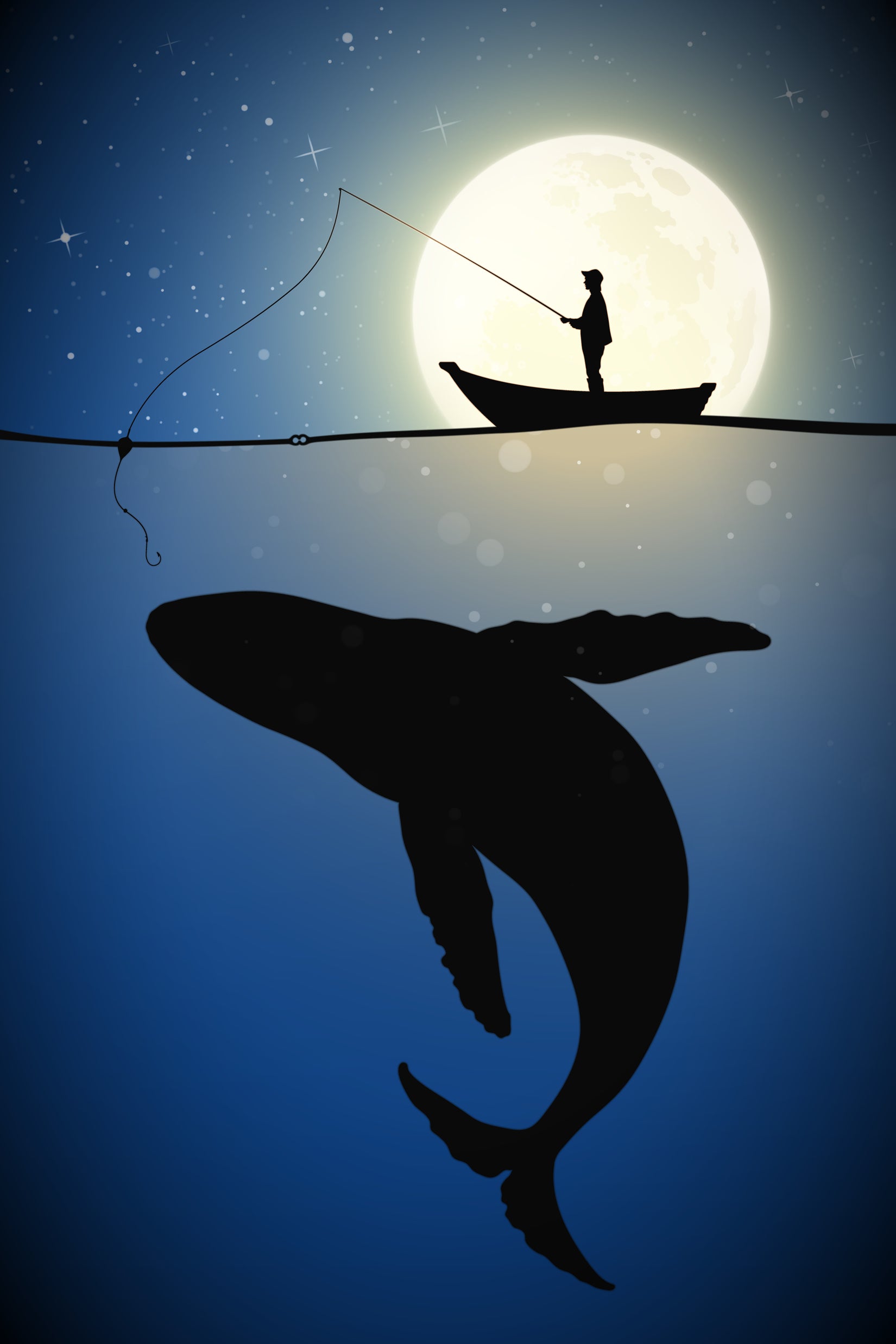 Whale & Fisherman Night Vector Art Print 100% Australian Made