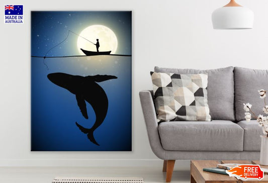 Whale & Fisherman Night Vector Art Print 100% Australian Made