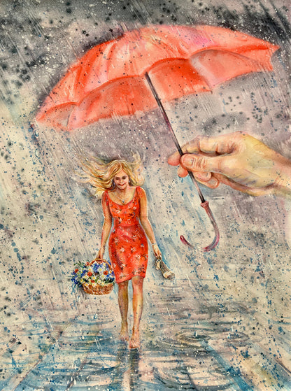 Girl Walking in Rain Painting Print 100% Australian Made