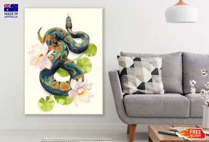 Green Snake with Lotus Flowers Watercolor Painting Print 100% Australian Made