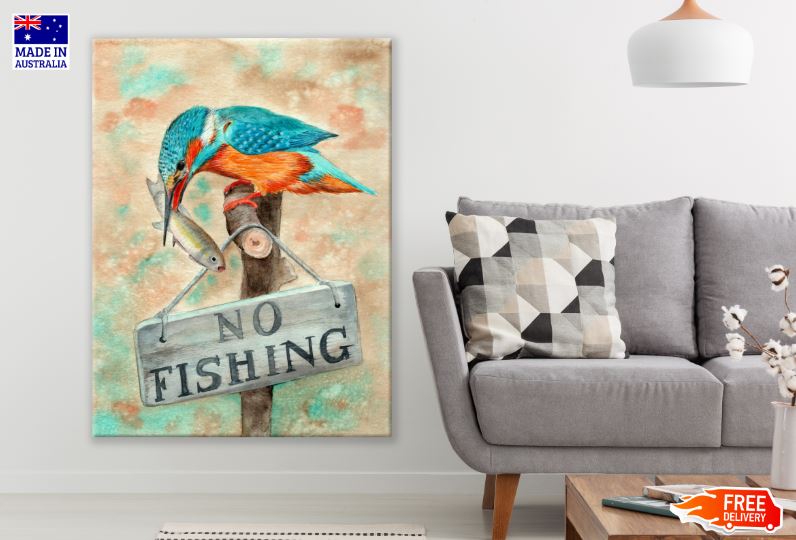 Kingfisher Bird with a Fish Sitting on a No Fishing Board Watercolor Painting Print 100% Australian Made