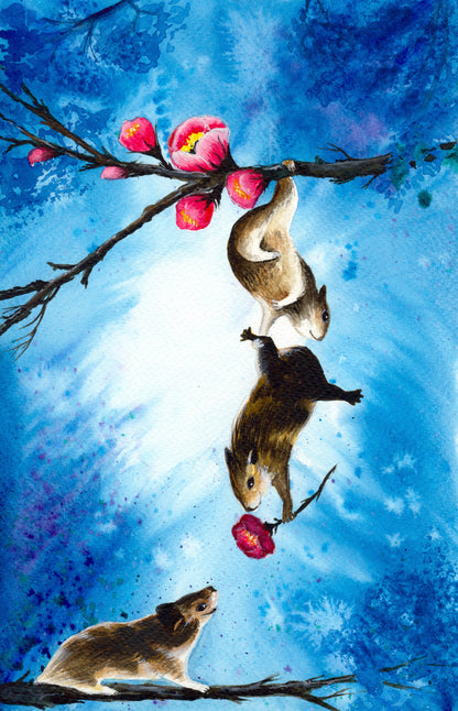 Chipmunks Holding a Pink Flower Watercolor Painting Print 100% Australian Made