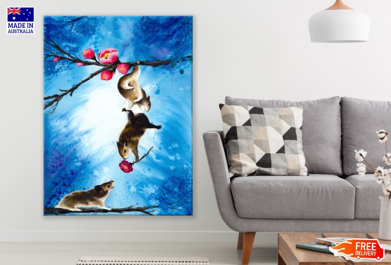 Chipmunks Holding a Pink Flower Watercolor Painting Print 100% Australian Made