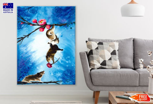 Chipmunks Holding a Pink Flower Watercolor Painting Print 100% Australian Made