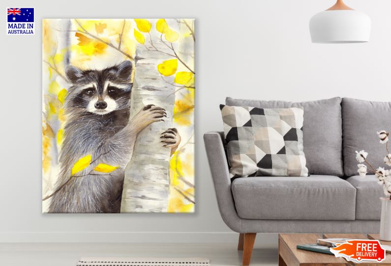 Racoon on a Birch Tree Watercolor Painting Print 100% Australian Made