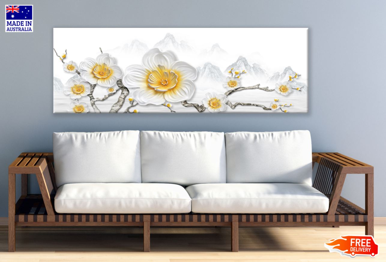 Panoramic Canvas White Flowers 3D Art High Quality 100% Australian Made Wall Canvas Print Ready to Hang