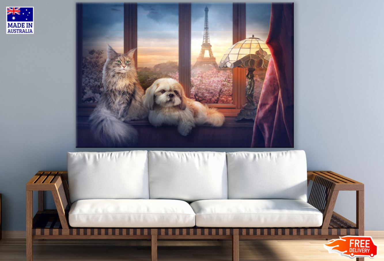 Cat & Dog with Eiffel Tower View Print 100% Australian Made