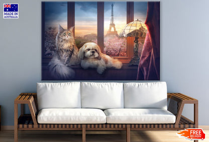 Cat & Dog with Eiffel Tower View Print 100% Australian Made