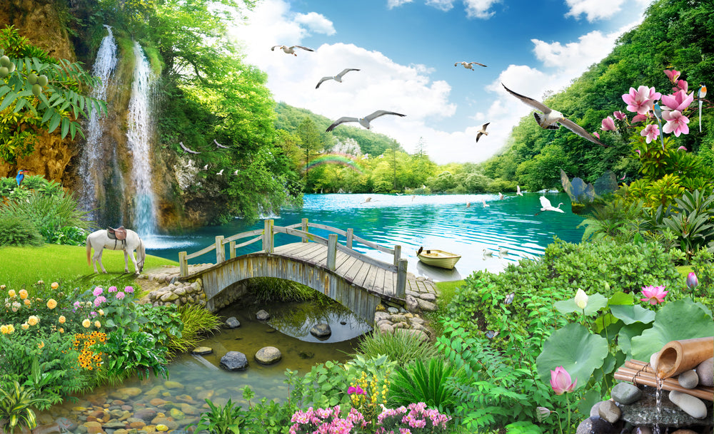 Horse & Birds Near Waterfall Scenery Photograph Print 100% Australian Made