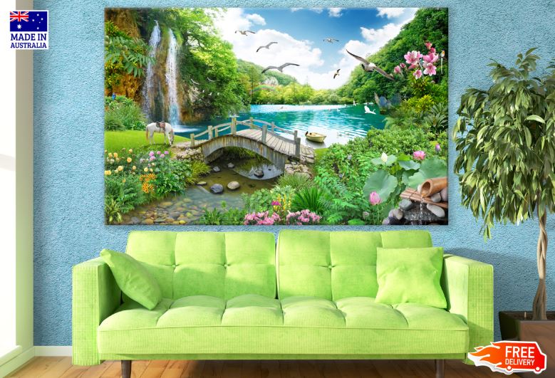 Horse & Birds Near Waterfall Scenery Photograph Print 100% Australian Made