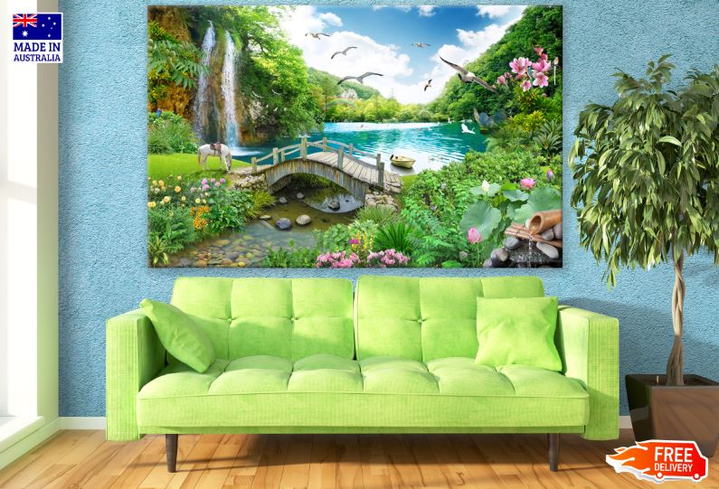 Animals & Waterfall Stunning Nature Scenery Photograph Print 100% Australian Made