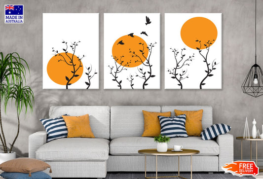 3 Set of Trees with birds & Sun Vector Art High Quality Print 100% Australian Made Wall Canvas Ready to Hang