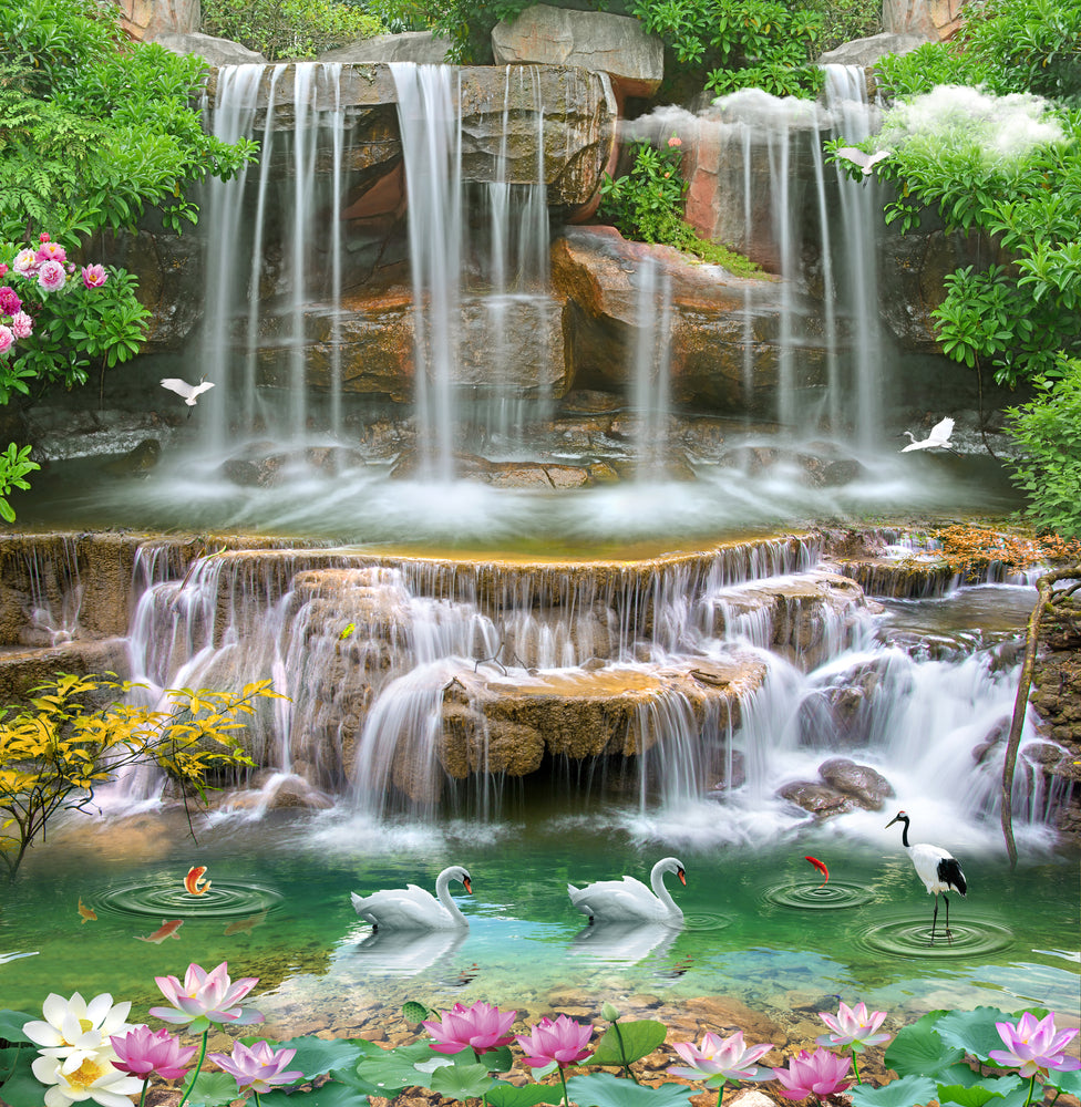 Square Canvas Flowers & Swans on Waterfall High Quality Print 100% Australian Made