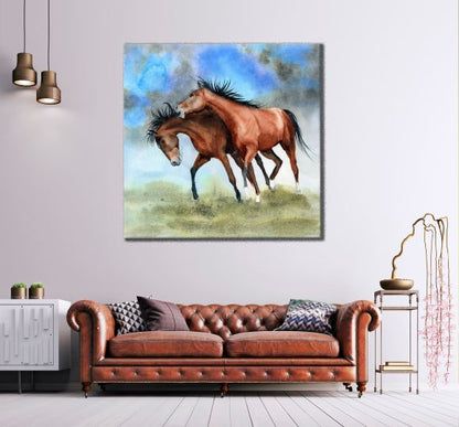 Square Canvas Running Horses Watercolor Painting High Quality Print 100% Australian Made