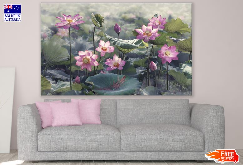Lotus Flowers in Lake Digital Art Painting Print 100% Australian Made
