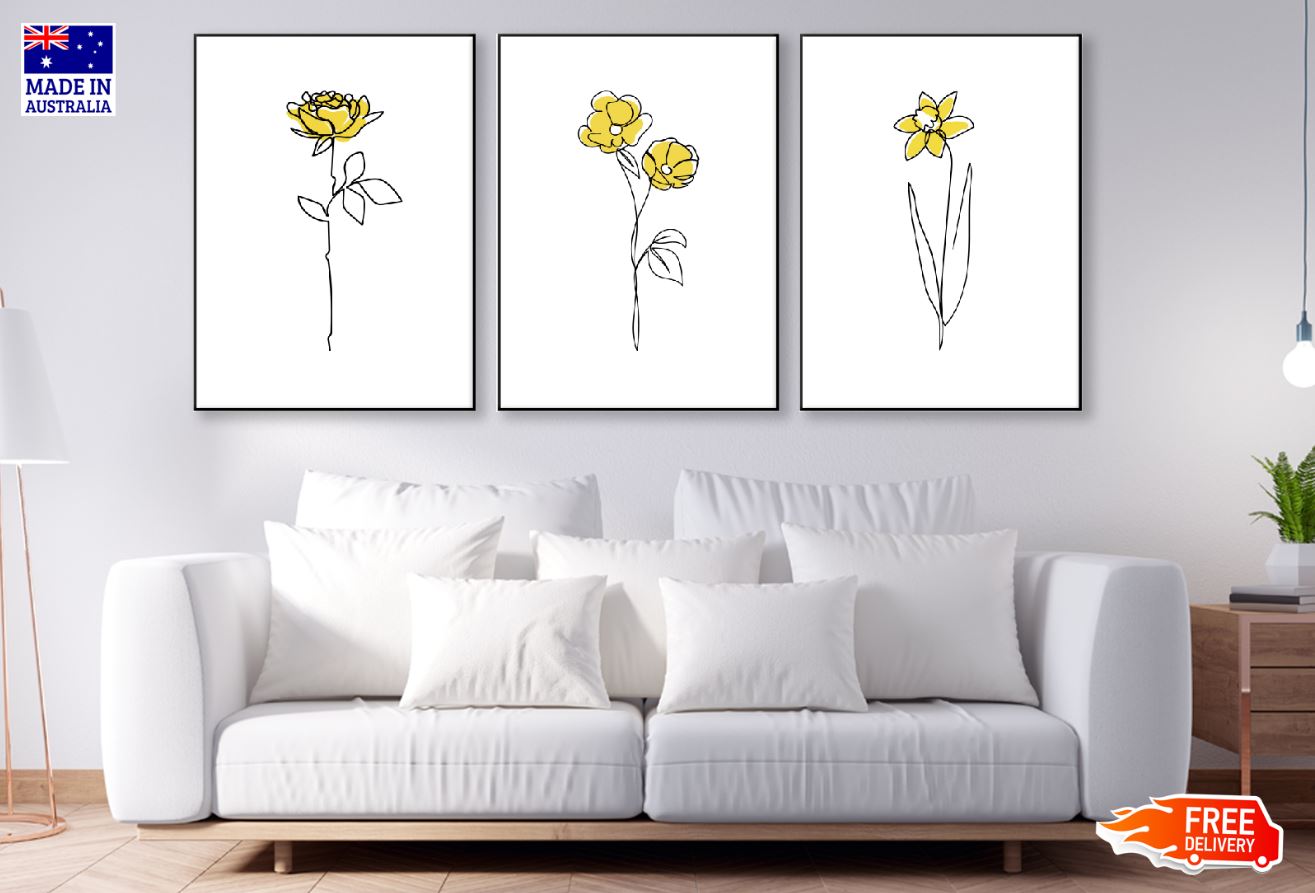 3 Set of Floral Line Vector Art High Quality Print 100% Australian Made Wall Canvas Ready to Hang