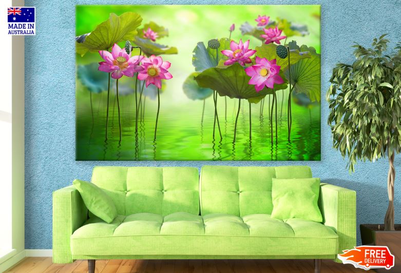 Pink Lotus Flowers on a Lake Digital Art Print 100% Australian Made
