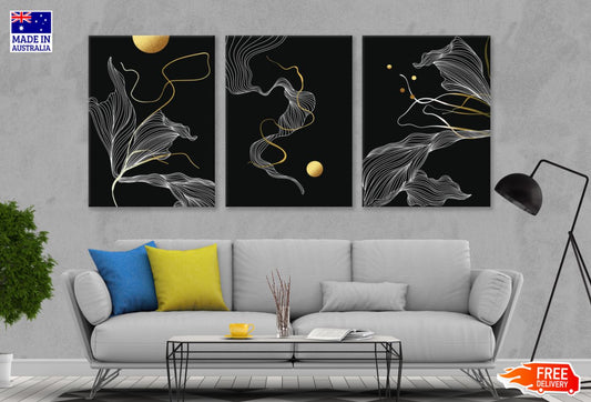 3 Set of White Gold & Black Floral High Quality Print 100% Australian Made Wall Canvas Ready to Hang