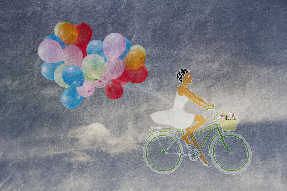 Girl Riding a Cycle with Colorful Balloons Oil Painting Print 100% Australian Made
