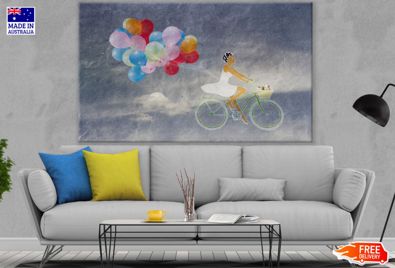 Girl Riding a Cycle with Colorful Balloons Oil Painting Print 100% Australian Made