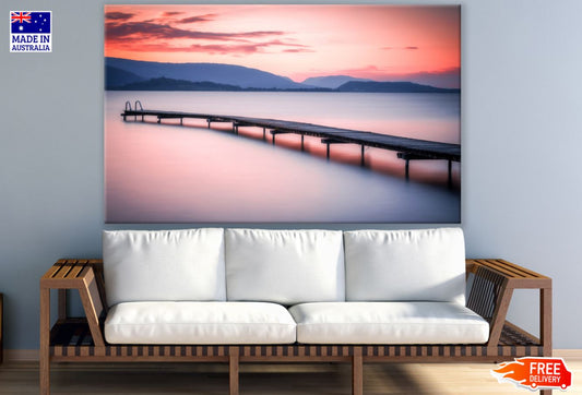 Wooden Pier Over Lake Sunset View Print 100% Australian Made
