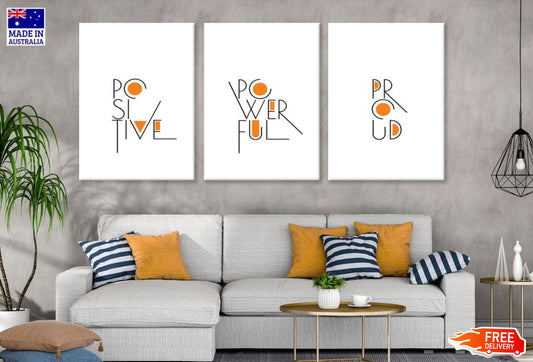 3 Set of Positive Powerful Proud B&W Wordings & Orange Shapes Design High Quality Print 100% Australian Made Wall Canvas Ready to Hang