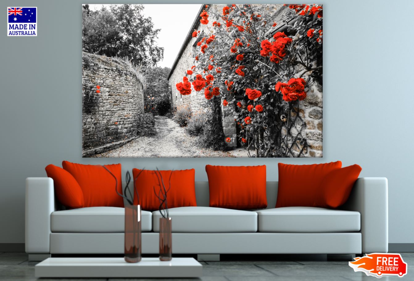 Red Flower Vines on Wall B&W Photograph Print 100% Australian Made