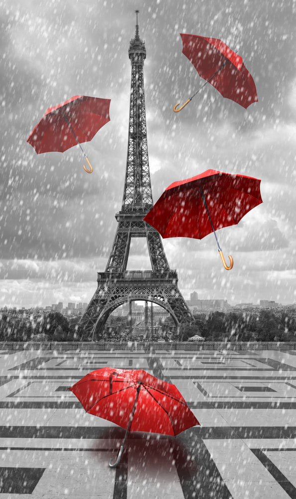 B&W Eiffel Tower & Red Umbrellas Print 100% Australian Made