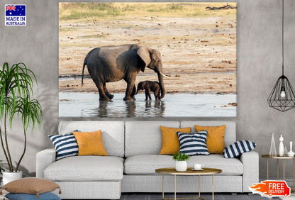 Elephant & Calf in a River Photograph Print 100% Australian Made