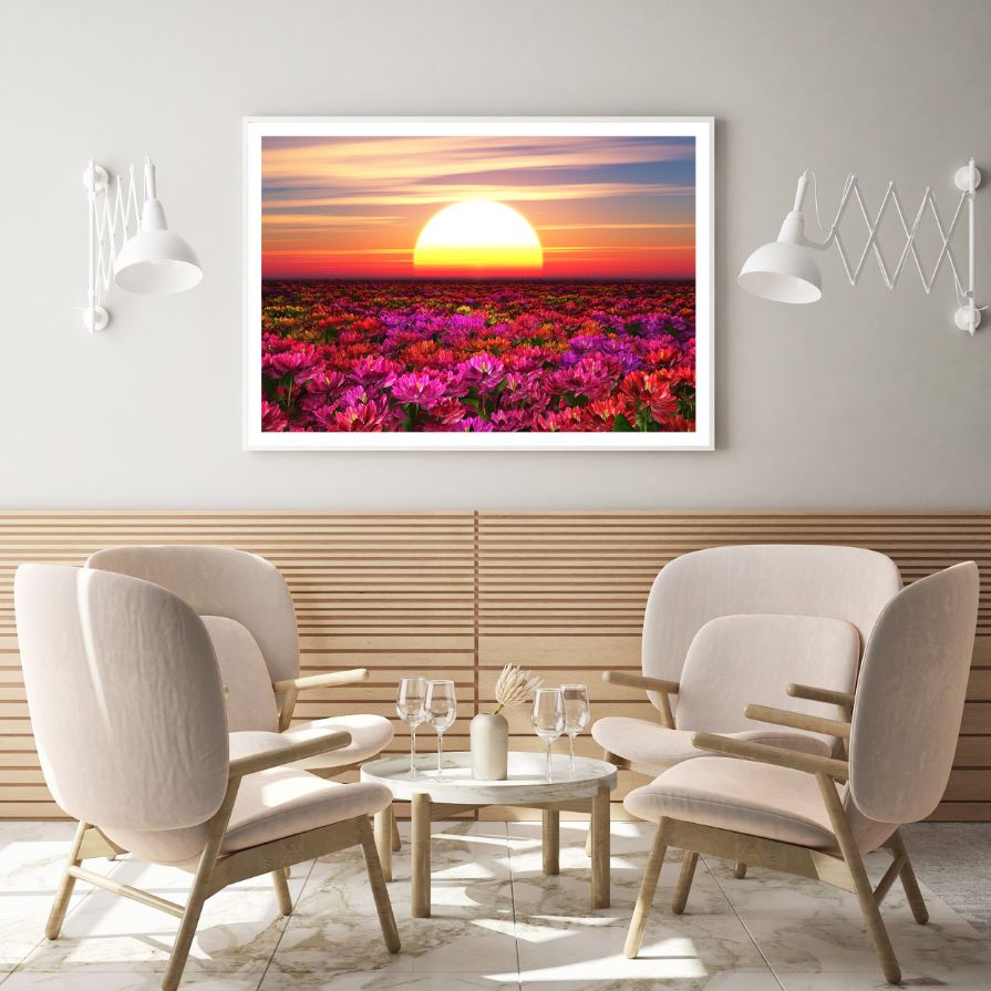 Sunset View Over Flower Field Home Decor Premium Quality Poster Print Choose Your Sizes