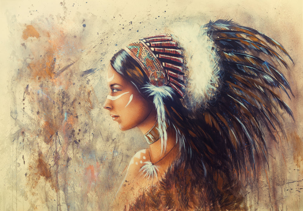 Young Indian Woman Wearing a Big Feather Headdress Painting Print 100% Australian Made