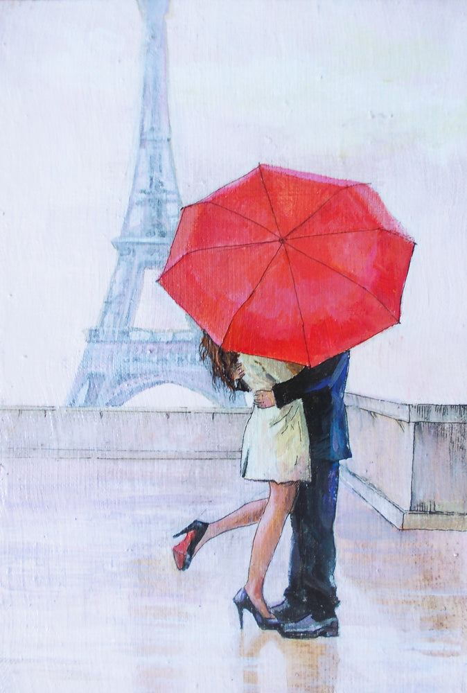 Couple Hugging Near Eiffel Tower Red Umbrella Painting Print 100% Australian Made