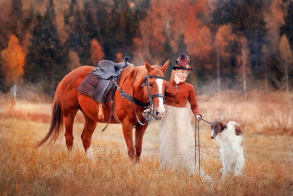 Horse Riding Lady , Horse & Dog in Field Photograph Print 100% Australian Made