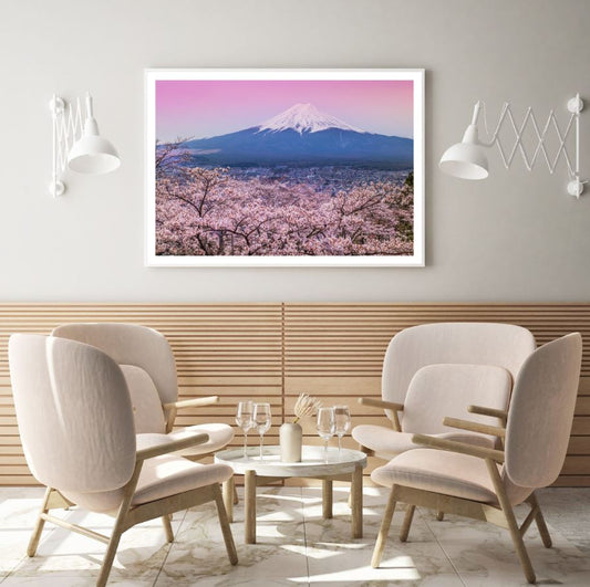 Snow Covered Mountain & Blossom Flower Tree Forest Scenery Photograph Home Decor Premium Quality Poster Print Choose Your Sizes