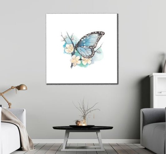 Square Canvas Blue Butterflies & White Flowers Watercolor Painting High Quality Print 100% Australian Made