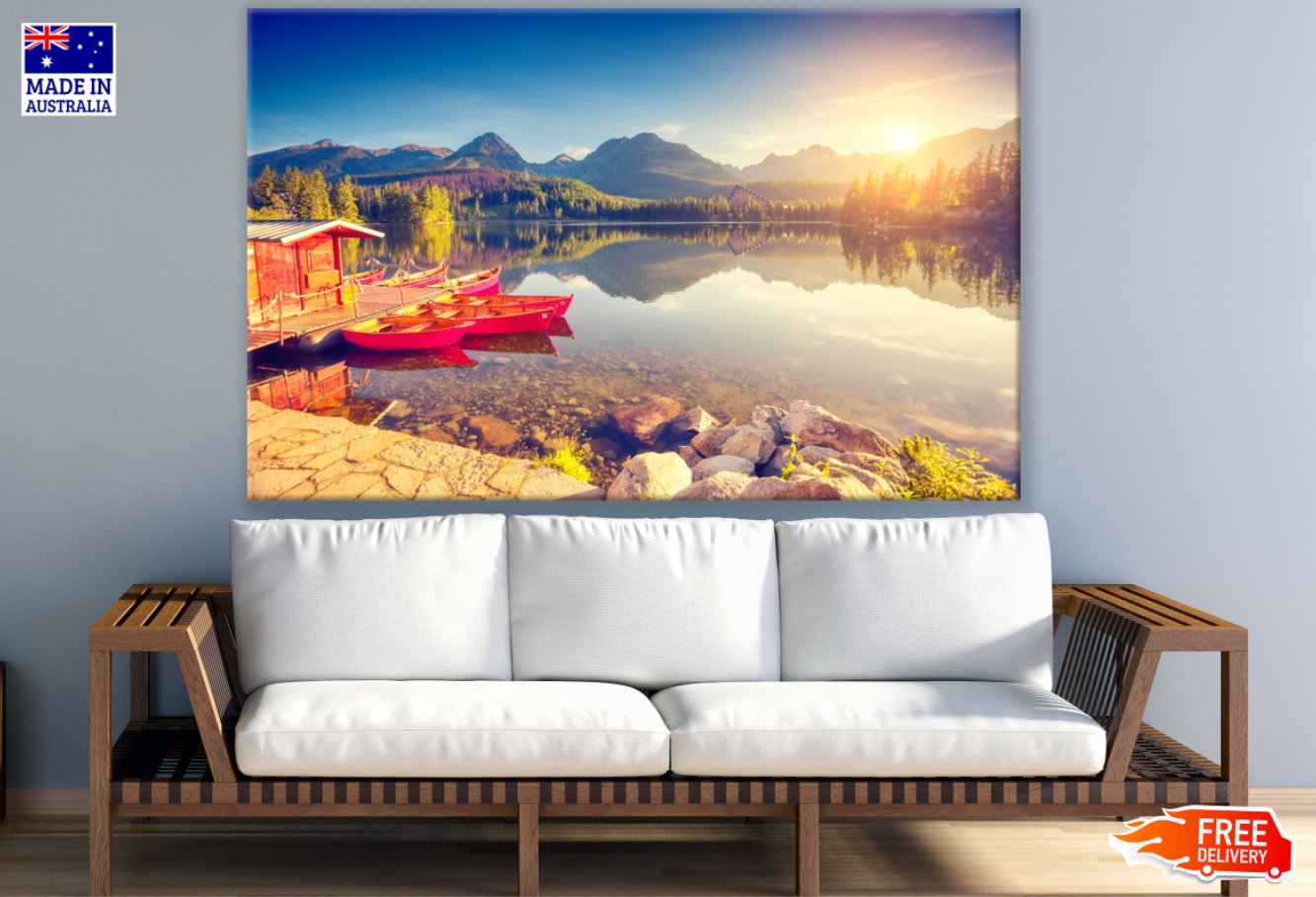 Boats on Lake with Forest Scenic View Print 100% Australian Made