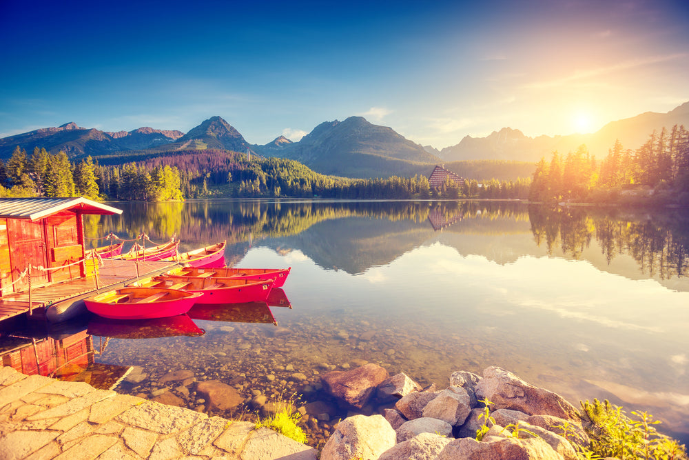 Boats on Lake with Forest Scenic View Print 100% Australian Made