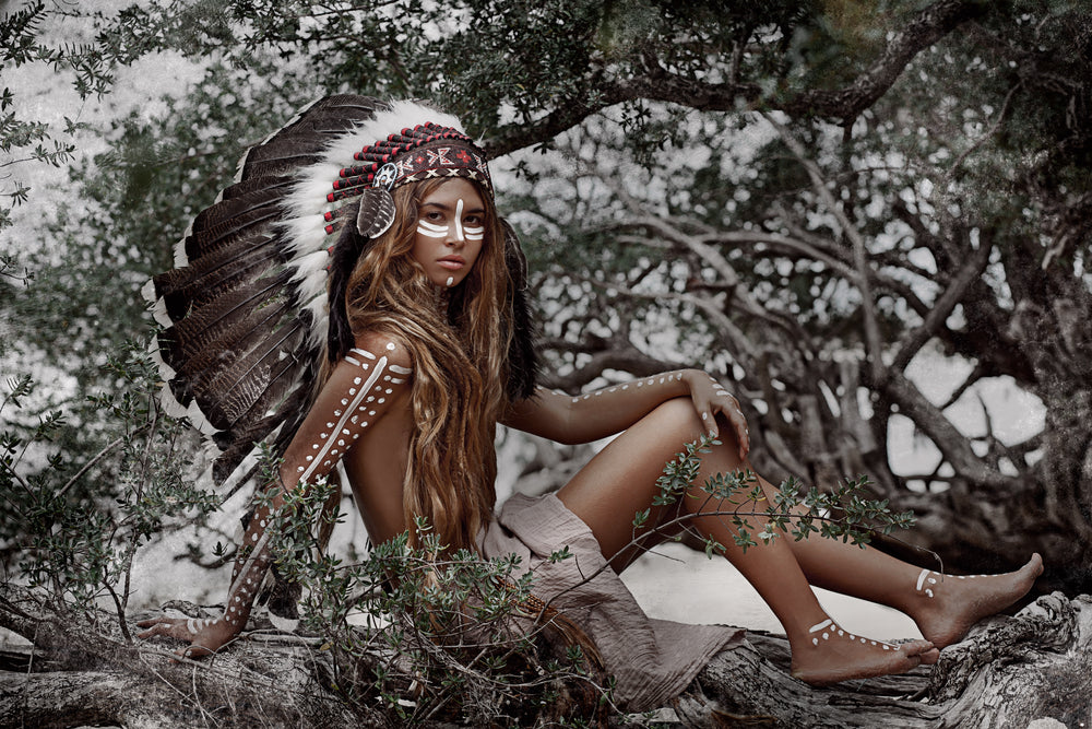 Young Indian Warrior With Feather Headdress Sitting on a Tree Branch Photograph Print 100% Australian Made