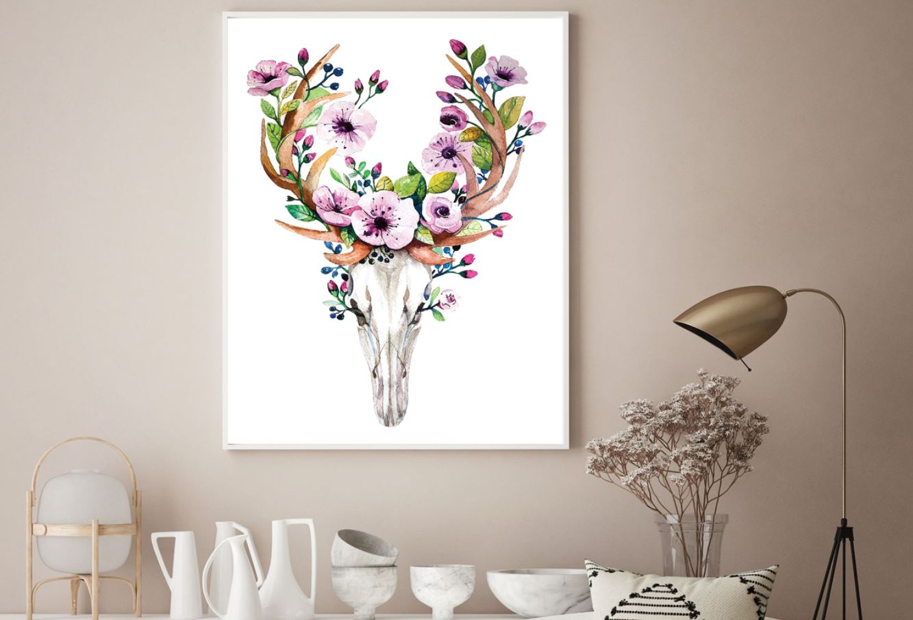 Deer Skull with Flowers Painting Home Decor Premium Quality Poster Print Choose Your Sizes