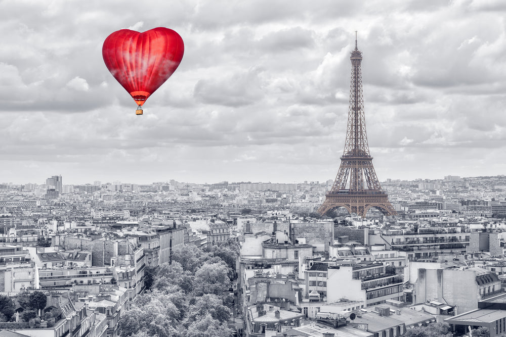 B&W Eiffel Tower with Heart Shaped Hot Air Baloon Photograph Print 100% Australian Made