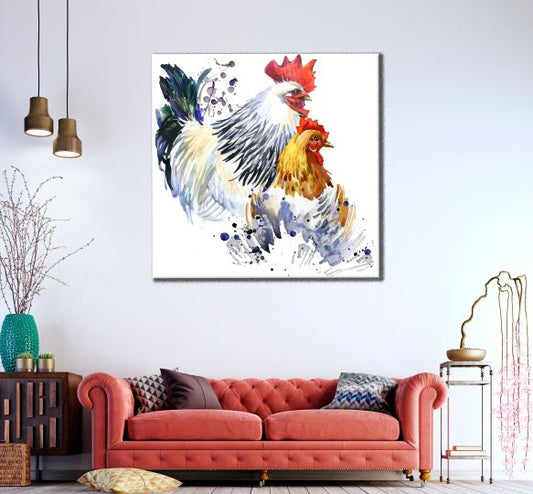 Square Canvas Rooster & Hen Watercolor Painting High Quality Print 100% Australian Made