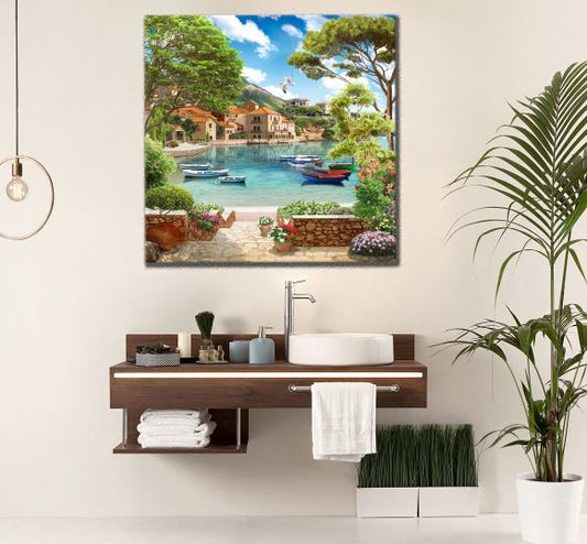 Square Canvas Boats On Lake & Colorful Houses Digital Art High Quality Print 100% Australian Made