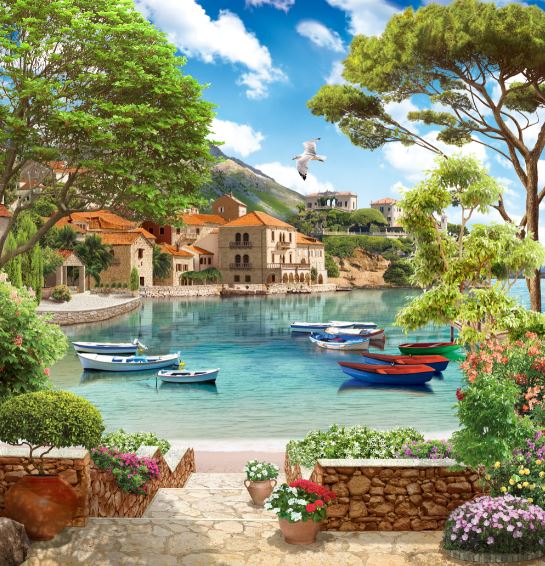 Square Canvas Buildings Near Sea with Boats High Quality Print 100% Australian Made