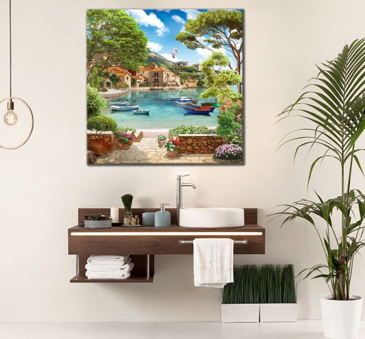 Square Canvas Buildings Near Sea with Boats High Quality Print 100% Australian Made