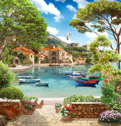 Square Canvas Boats On Lake & Colorful Houses Digital Art High Quality Print 100% Australian Made