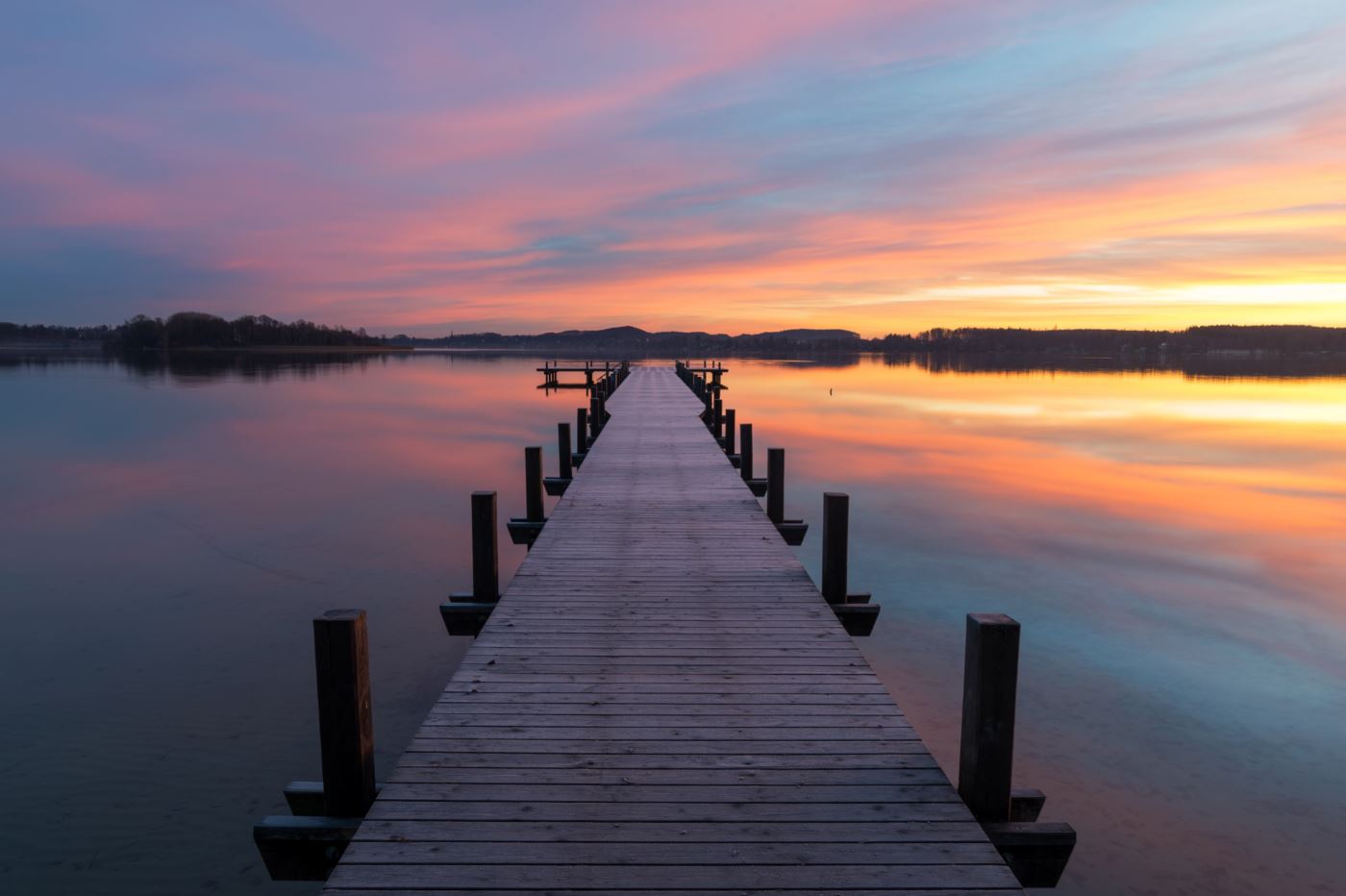 Wooden Pier Over Lake Sunset View Print 100% Australian Made