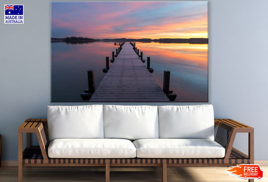 Wooden Pier Over Lake Sunset View Print 100% Australian Made